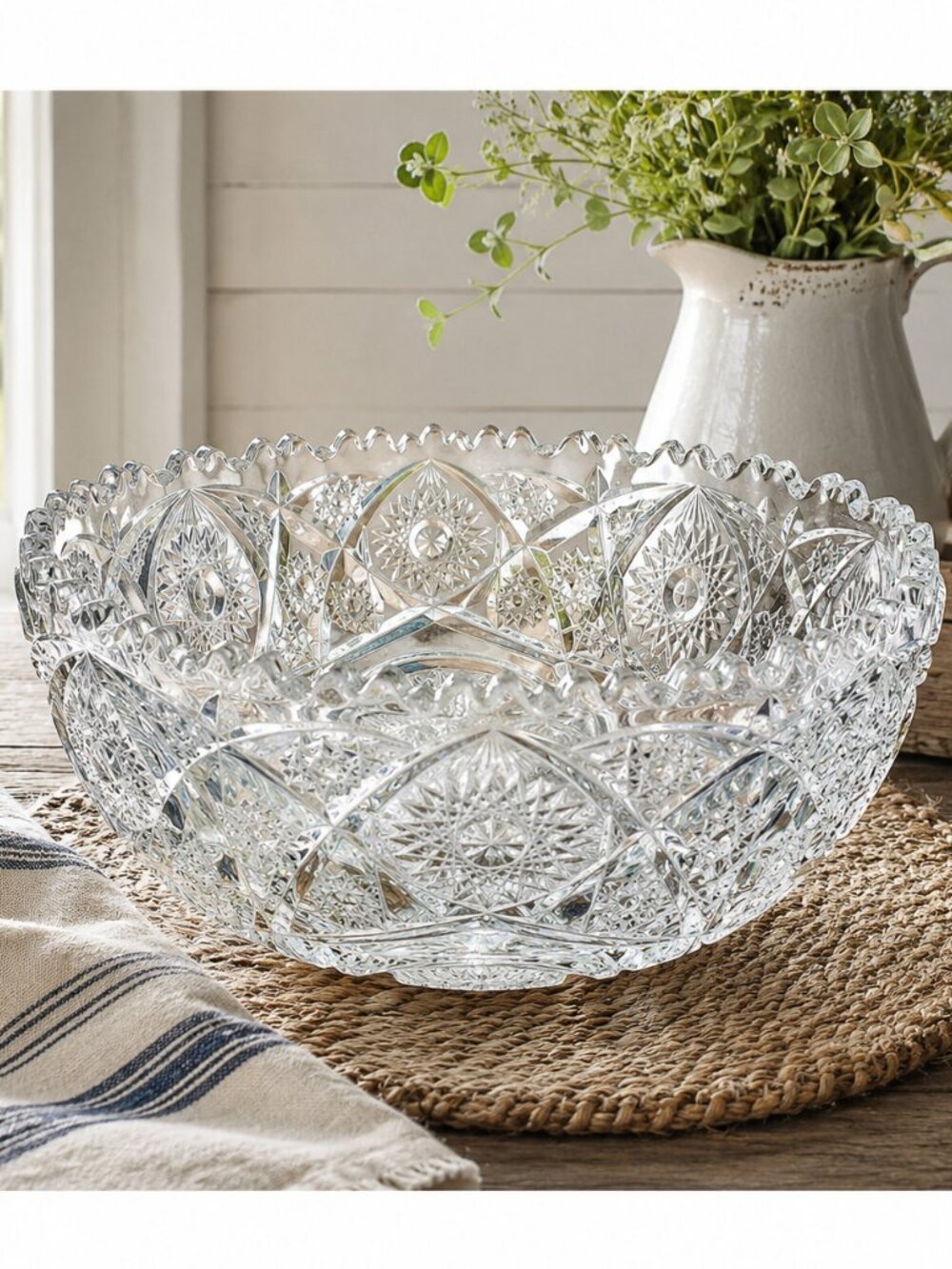 Vintage Pressed Glass Fruit Bowl Clear Starburst Pattern Scalloped Rim